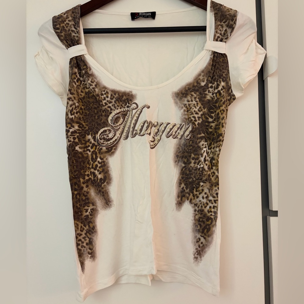 Morgan de Toi Cream Scoop Neck Top with Brown Leopard Print